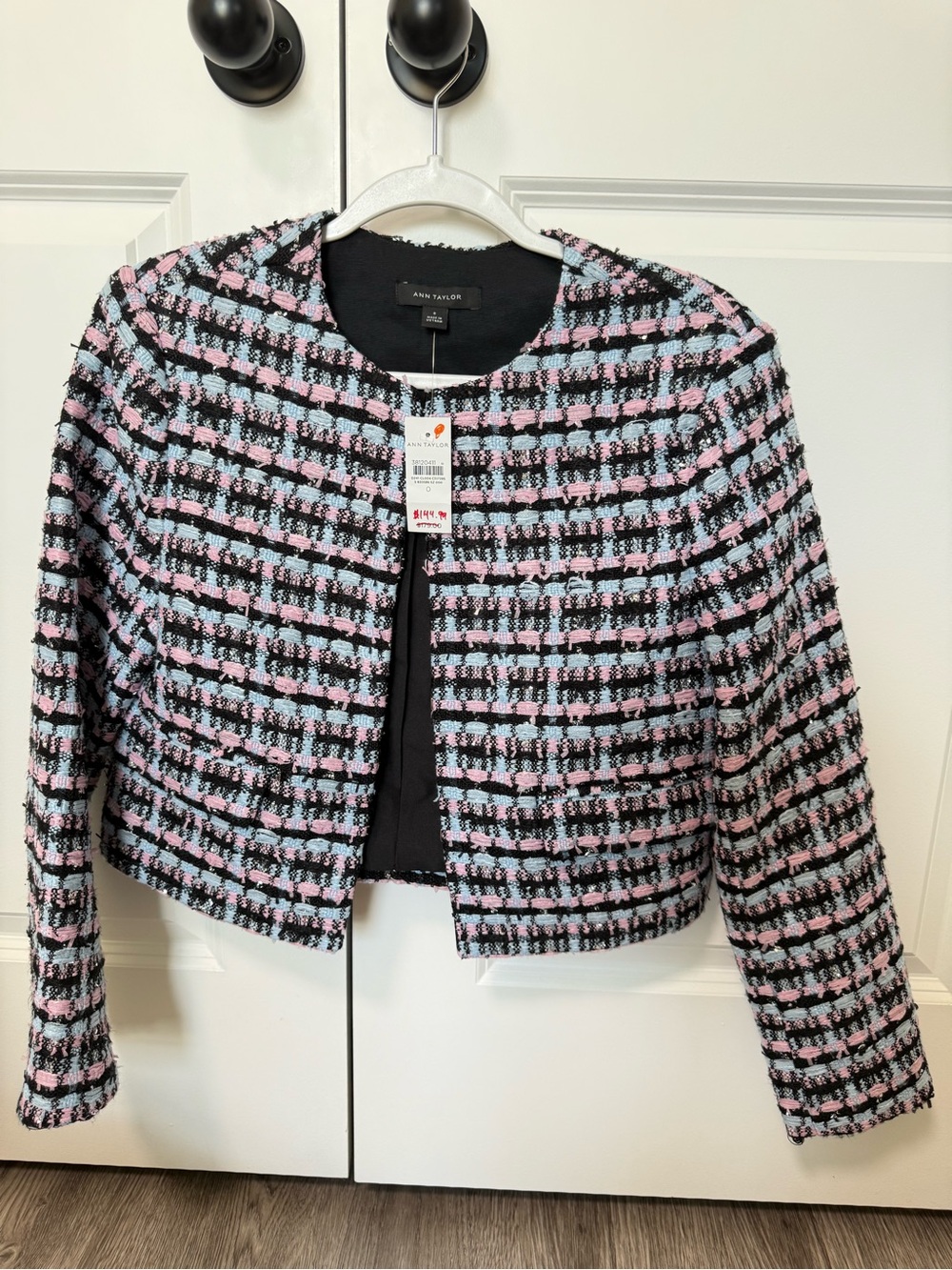 Ann Taylor Black Pink & Light Blue Tweed Open Jacket